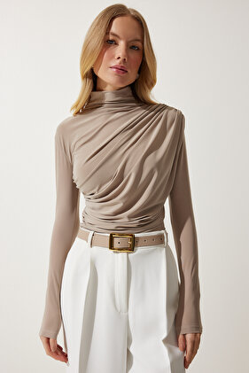 Női sötét bézs színű, részletes állógallér Sandy blúz FF00135