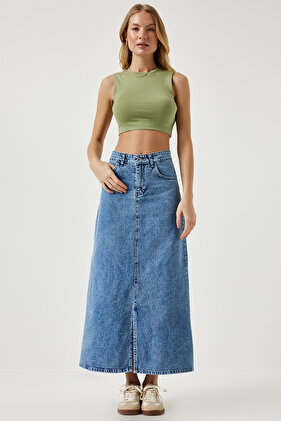 Women's Light Blue Slit Long Denim Skirt RV00163