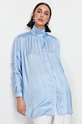 Blue Glitter Striped Sleeve Gathered Woven Shirt TCTSS24TG00057