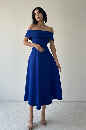 فستان سهرة نسائي من قماش أطلس بياقة مادونا بتصميم ساكس أزرق واسع متوسط الطول 222