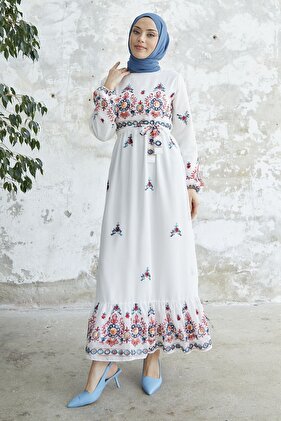 Embroidered Skirt Ruffle Chiffon Dress - White