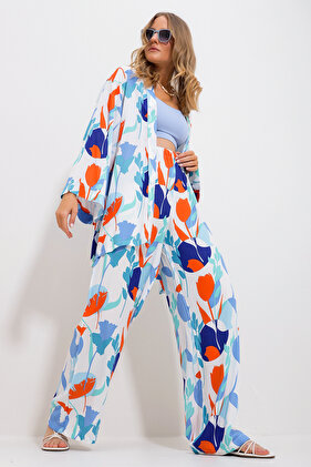 Women's Blue Kimono Jacket and Palazzo Trousers Set Alc-X11750