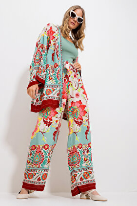 Women's Aged Green Kimono Jacket And Palazzo Pants Set Alc-X11751