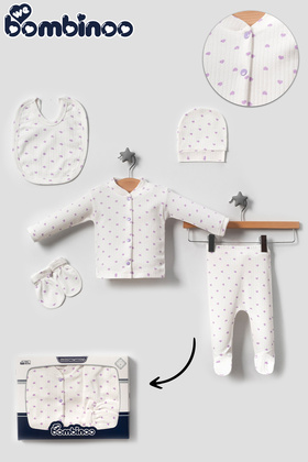 طقم بدلة لحديثي الولادة - كاجوال، 5 قطع، قلب مضلع إكرو وأرجواني