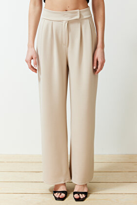 بنطال كريب واسع الساق بخصر عالٍ وإغلاق فيلكرو - TWOAW24PL00177