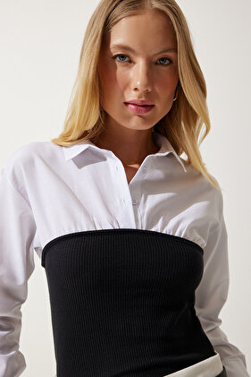 بلوزة قميص بولو بياقة بولو بيضاء وسوداء للنساء AN00174