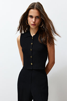 سترة سوداء فاخرة / خيط خاص سترة قصيرة تبدو تريكو TWOSS24SV00005