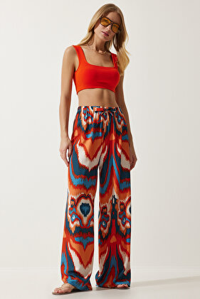 Women's Orange Navy Blue Patterned Flowing Viscose Palazzo Trousers EN00606