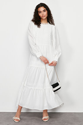 White Lined Embroidery Detailed Woven Dress TCTSS24EB00178
