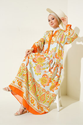 2423 Model Authentic Patterned Orange Dress