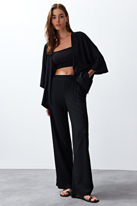 Relaxed Fit Black Knitted Kimona and Pants Set - TWOSS24AU00091