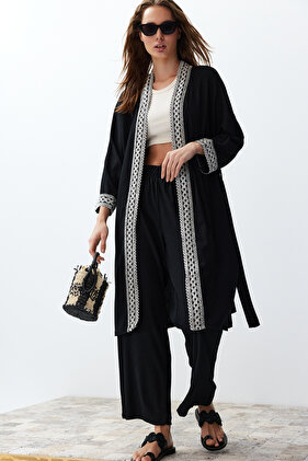 Black Woven Kimono-Pants Set with Embroidery Detail and Belt TWOSS24AU00064