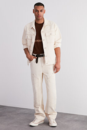 Ecru Embroidered Baggy/ 90's Straight Fit Jeans Loose Jeans TMNSS24JE00004