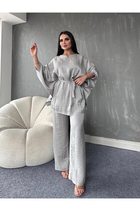 WOMEN'S 2-PIECE COLLAR Rhinestone Embroidery Detailed Tunic Pants Suit