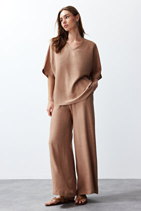 Camel Color V-Neck Blouse and Trousers Set - Twoss24Au00096