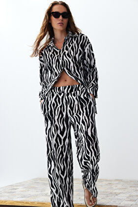 Zebra Patterned Black Shirt and Trousers Set - TWOSS24AU00082