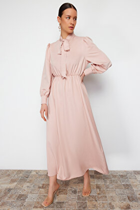Powder Collar Tied Plain Woven Dress TCTSS24EB00136