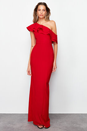 Red Flounce Detailed Woven Elegant Evening Dress TPRSS24AE00066