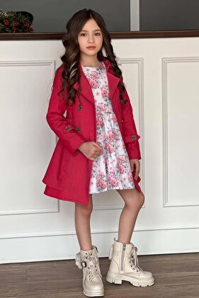 فستان بناتي منقوش بالزهور مطوي باللون الأحمر