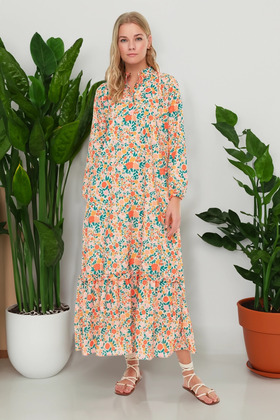 Orange Floral Half Placket Skirt Tip Ruffle Lined Woven Dress TCTSS21EL3353