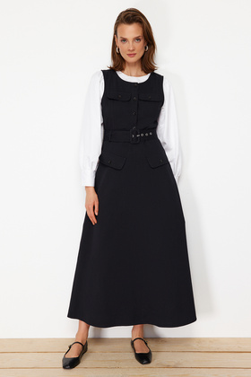Black Gabardine Sash Detailed Sleeveless Woven Gilet Dress TCTSS24EB00161
