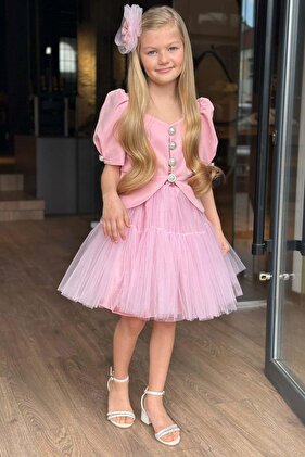 طقم تنورة من التول باللون الوردي للفتيات بأكمام البطيخ وأزرار