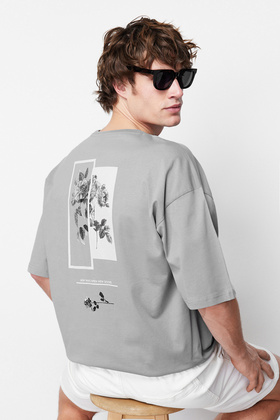 Gray Oversize/Wide Cut Floral Printed Short Sleeve 100% Cotton T-Shirt Tmnss21Ts1223