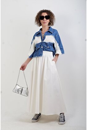 Ekru Beli Lastikli Uzun Etek