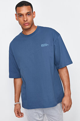 Indigo Oversize Crew Neck 100% Cotton T-Shirt - Minimal Text Printed TMNSS23TS00084