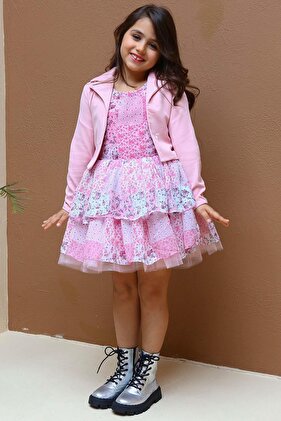 سترة للفتيات مع سترة وطبعة زهور من التول بدون أكمام فستان وردي