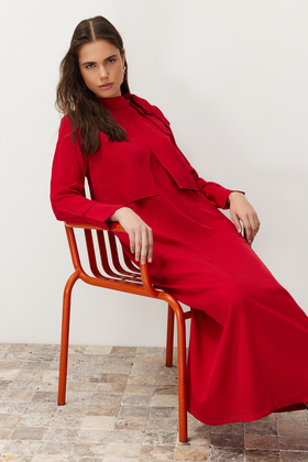Burgundy Tie-Detail Collar Woven Dress TCTSS23EB00283