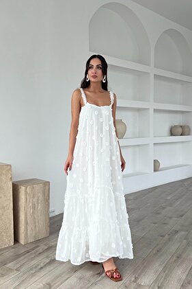 Ecru Strappy Embroidered Tulle Dress