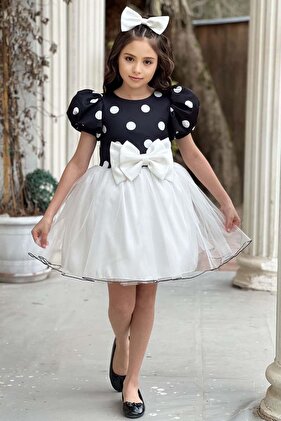 Girl's Balloon Sleeve Polka Dot Skirt Fluffy Tulle Bow Detailed White Dress