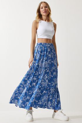 Women's Blue Floral Patterned Flounce Viscose Skirt DD01310