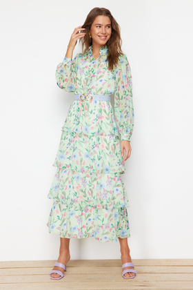 Green Belted Lined Chiffon Floral Woven Dress TCTSS24EB00024