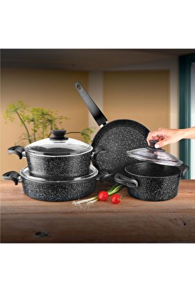 Dn 20033 طقم أواني طهي من الحديد الزهر 7 قطع (20+24+26+26 سم)