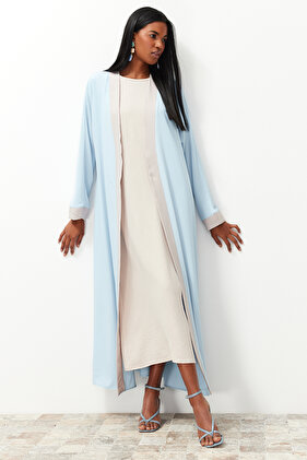Blue Blocked Long One-Piece Cap Without Dress - Ferace/Abaya TCTSS24KF00009