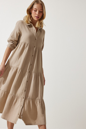 Women's Beige Muslin Flared Shirt Dress SA00024