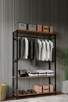 Alkor 180x120x35 Metal Masif Ahşap Desenli Yonga Levha Açık Giyinme Dolap Portmanto Askılık