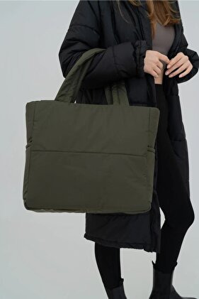 Haki Renk Kabartmalı Puf Kumaş Shopper Çanta