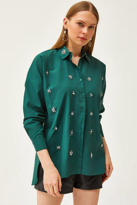 Women's Emerald Green Woven Shirt with Stone-Embellished Collar and Front, Oval Hem GML-19001149