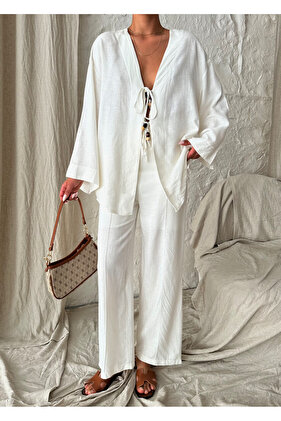 Ecru Beaded Kimono Linen Set