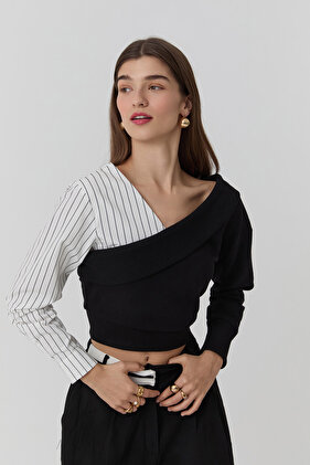 Low Shoulder Detailed Striped Sleeve Blouse Black