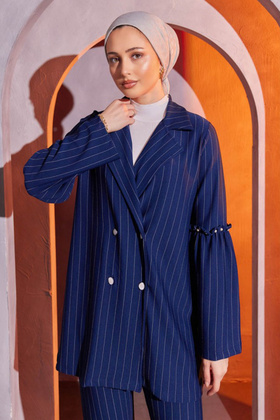 Women's Sleeves Pearl Detailed Striped Jacket Pants Bottom Top Set