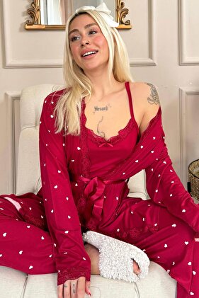 Claret Red Mini Heart Patterned Women's Pajamas Set with Bamboo Dressing Gown