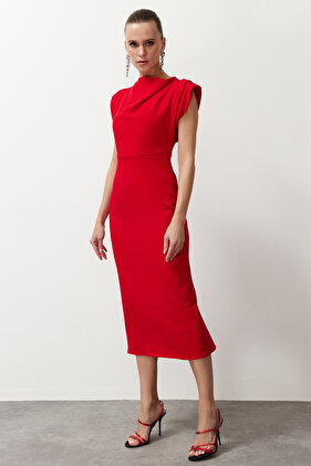Red Degaje Collar Body-Fitting Woven Stylish Evening Dress TPRSS24EL00156