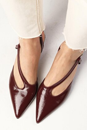 Annie Burgundy Color Patent Leather Pointed Toe Open Back Women's Short Heeled Shoes