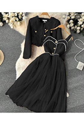 طقم فستان وسترة نسائي من قماش شانيل