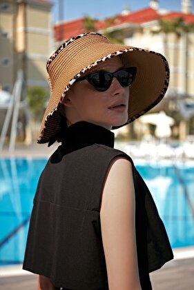 Remsa Foldable Visor Straw Hat Sunscreen Visor RŞ-80 Leopard Piping Camel