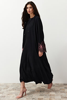 Black Lace/Brode Detailed Woven Cap & Ferace & Abaya & Jalabiya Tctss24Kf00015